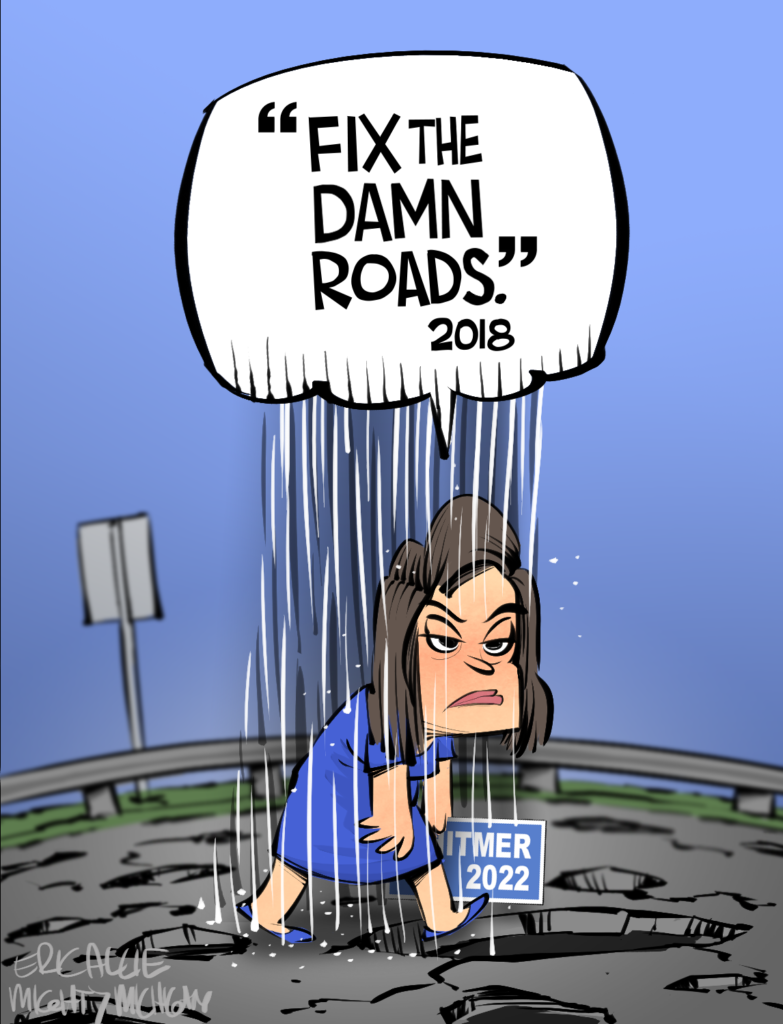 Eric Allie cartoon Whitmer Fix the Damn Roads cloud
